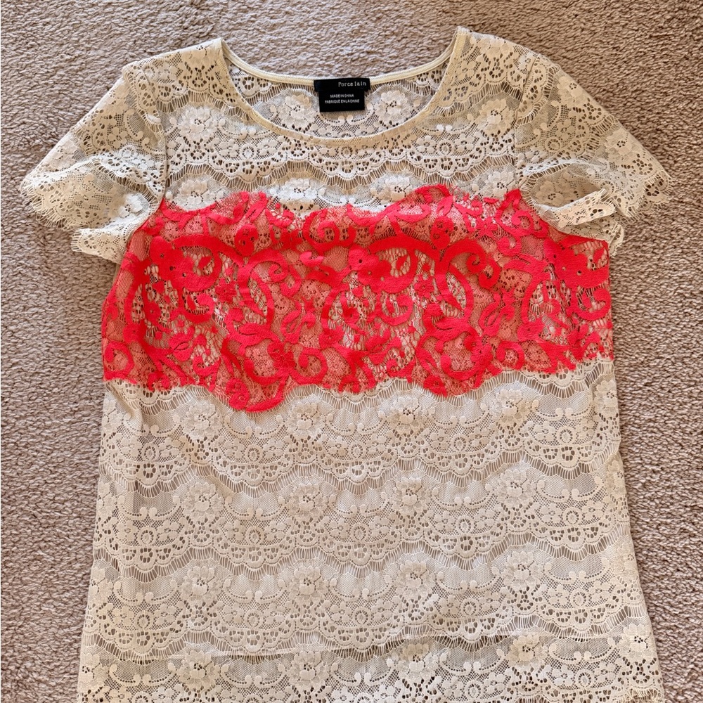 Anthropologie Cream Lace Top with Coral Lace Panel